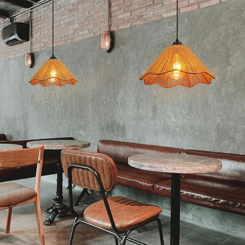 tebio Plug in Pendant Light, Rattan Hanging Lights with Plug in Cord 13FT Hemp Black Cord, On/Off Switch Chandelier for Boho Living Room Bedroom Kitchen（Bulb Included） Brown-12 x 6 inch - 2 Pack - Image 3